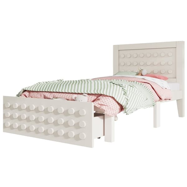 Enkeltseng 90x190 cm i massivt træ med lamelbund, blokdesign og opbevaring – tremmeseng med skuffer under sengen, beige