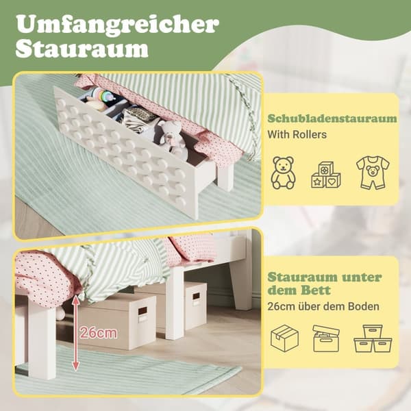 Enkeltseng 90x190 cm i massivt træ med lamelbund, blokdesign og opbevaring – tremmeseng med skuffer under sengen, beige