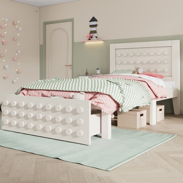 Enkeltseng 90x190 cm i massivt træ med lamelbund, blokdesign og opbevaring – tremmeseng med skuffer under sengen, beige