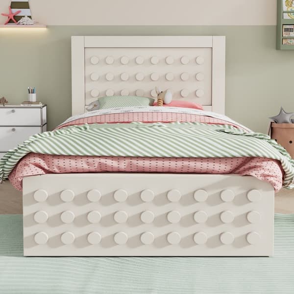 Yhden hengen sänky 90x190 cm massiivipuuta sälepohjalla, lohkomuotoilu ja säilytystila – pinnasänky laatikoilla sängyn alla, beige