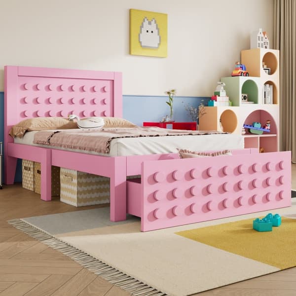 Enkelträsäng 90x200 cm för barn och ungdomar, sängram i massivträ med ribbotten, lådor och förvaringsutrymme under sängen, rosa