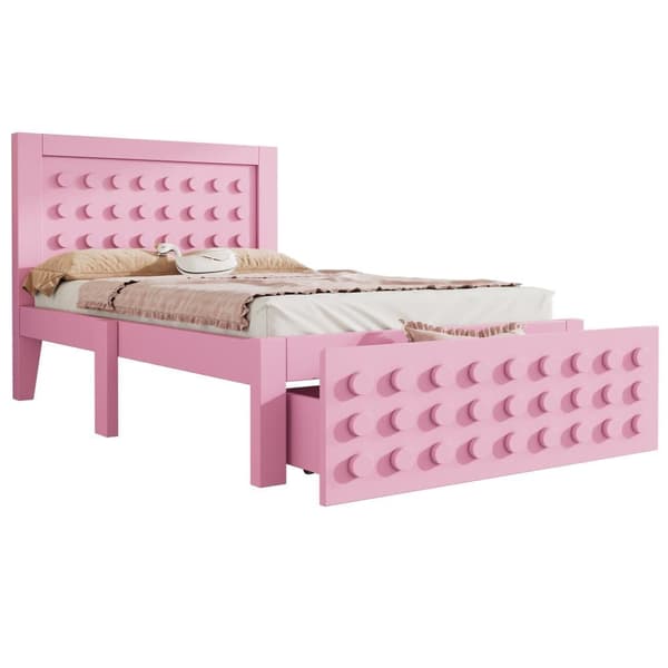 Enkelträsäng 90x200 cm för barn och ungdomar, sängram i massivträ med ribbotten, lådor och förvaringsutrymme under sängen, rosa