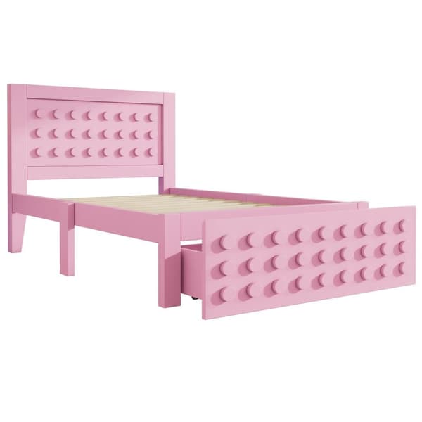 Enkelträsäng 90x200 cm för barn och ungdomar, sängram i massivträ med ribbotten, lådor och förvaringsutrymme under sängen, rosa
