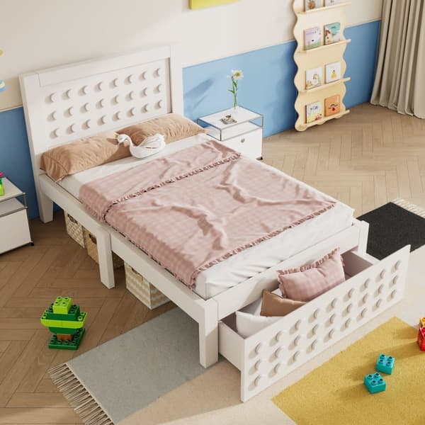Yhden hengen puusänky 90x200 cm lapsille ja nuorille, massiivipuinen sängynrunko sälepohjalla, laatikot ja säilytystila sängyn alla, valkoinen