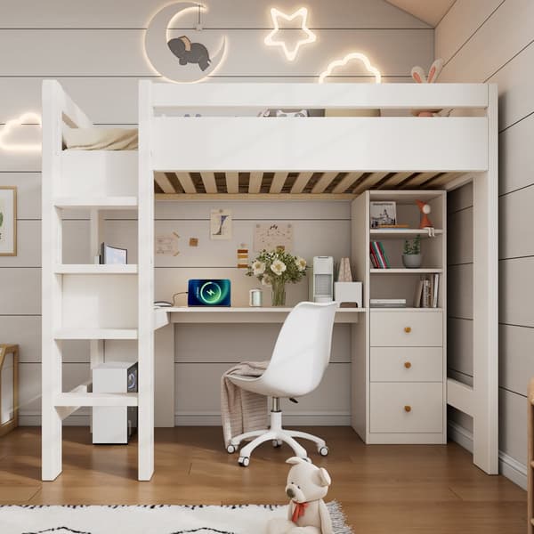Børneloftseng 90x200 cm med L-formet skrivebord, hylder, skuffer og USB/Type-C ladestation – Hvid juniorseng med stige og lamelbund
