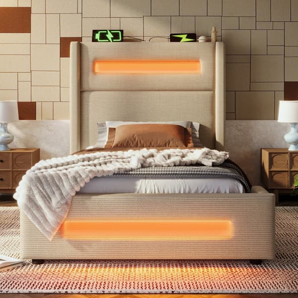 Sänky 90x200 cm LED-valaistuksella – Beige kangassänky säilytystilalla, USB Type-C -lataus- ja nostotoiminto