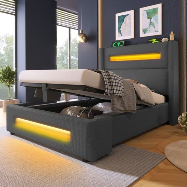 Sänky 90x200 cm LED-valaistuksella – Harmaa kangassänky säilytystilalla, USB Type-C -lataus- ja nostotoiminto