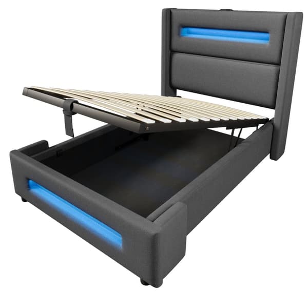 Sänky 90x200 cm LED-valaistuksella – Harmaa kangassänky säilytystilalla, USB Type-C -lataus- ja nostotoiminto