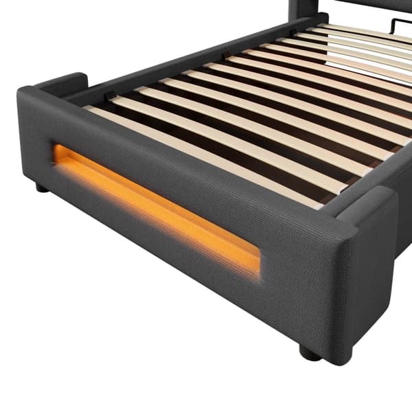 Sänky 90x200 cm LED-valaistuksella – Harmaa kangassänky säilytystilalla, USB Type-C -lataus- ja nostotoiminto