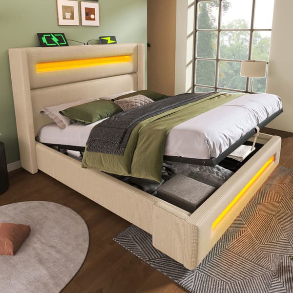 Dobbeltseng 160x200 cm med LED-belysning – Beige stofseng med hydraulisk opbevaring, USB Type-C opladning og lamelbund