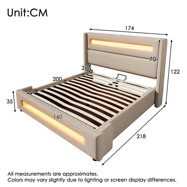 Dobbeltseng 160x200 cm med LED-belysning – Beige stofseng med hydraulisk opbevaring, USB Type-C opladning og lamelbund