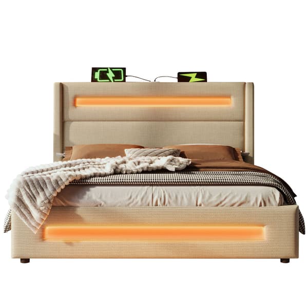 Dobbeltseng 160x200 cm med LED-belysning – Beige stofseng med hydraulisk opbevaring, USB Type-C opladning og lamelbund