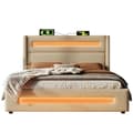 Miniatyrbillede 5 af 10: Dobbeltseng 160x200 cm med LED-belysning – Beige stofseng med hydraulisk opbevaring, USB Type-C opladning og lamelbund