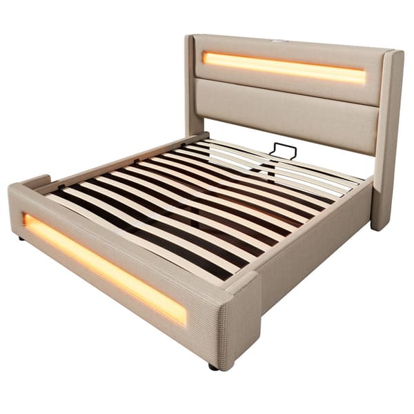 Dobbeltseng 160x200 cm med LED-belysning – Beige stofseng med hydraulisk opbevaring, USB Type-C opladning og lamelbund