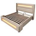 Miniatyrbillede 6 af 10: Dobbeltseng 160x200 cm med LED-belysning – Beige stofseng med hydraulisk opbevaring, USB Type-C opladning og lamelbund