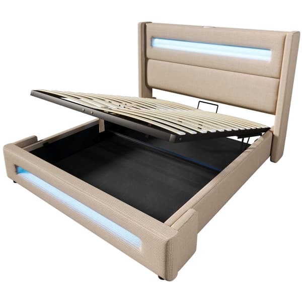 Dobbeltseng 160x200 cm med LED-belysning – Beige stofseng med hydraulisk opbevaring, USB Type-C opladning og lamelbund