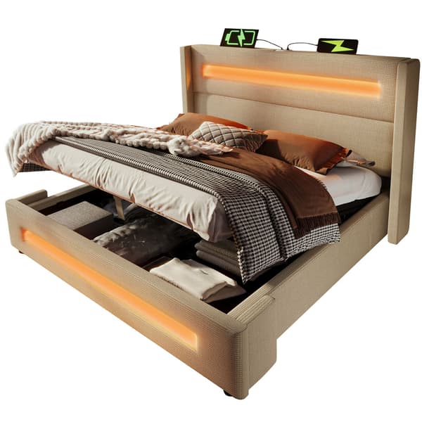 Dobbeltseng 160x200 cm med LED-belysning – Beige stofseng med hydraulisk opbevaring, USB Type-C opladning og lamelbund