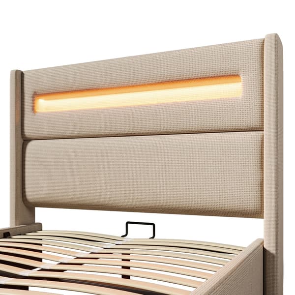 Dobbeltseng 160x200 cm med LED-belysning – Beige stofseng med hydraulisk opbevaring, USB Type-C opladning og lamelbund