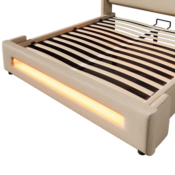 Dobbeltseng 160x200 cm med LED-belysning – Beige stofseng med hydraulisk opbevaring, USB Type-C opladning og lamelbund