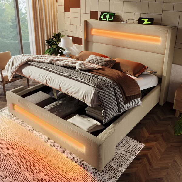 Dobbeltseng 160x200 cm med LED-belysning – Beige stofseng med hydraulisk opbevaring, USB Type-C opladning og lamelbund