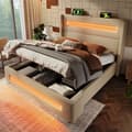 Miniatyrbillede 2 af 10: Dobbeltseng 160x200 cm med LED-belysning – Beige stofseng med hydraulisk opbevaring, USB Type-C opladning og lamelbund