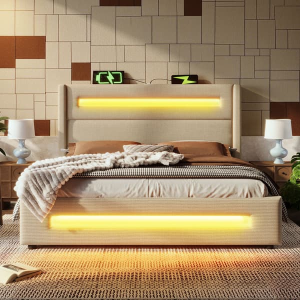 Dobbeltseng 160x200 cm med LED-belysning – Beige stofseng med hydraulisk opbevaring, USB Type-C opladning og lamelbund
