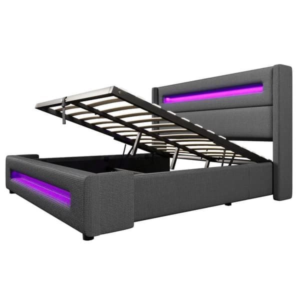 Parivuode 160x200 cm LED-valaistuksella – Harmaa kangassänky hydraulisella säilytystilalla, USB Type-C -lataus ja sälekehys