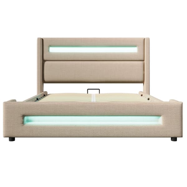 Dobbeltseng 180x200 cm med LED-belysning – Beige stofseng med hydraulisk opbevaring, USB Type-C opladning og lamelbund