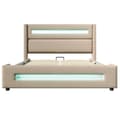 Miniatyrbillede 5 af 11: Dobbeltseng 180x200 cm med LED-belysning – Beige stofseng med hydraulisk opbevaring, USB Type-C opladning og lamelbund
