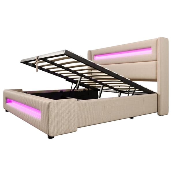 Dobbeltseng 180x200 cm med LED-belysning – Beige stofseng med hydraulisk opbevaring, USB Type-C opladning og lamelbund