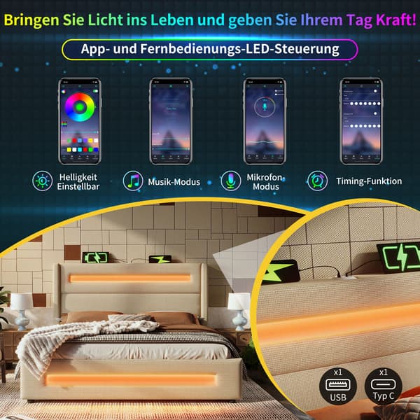 Dobbeltseng 180x200 cm med LED-belysning – Beige stofseng med hydraulisk opbevaring, USB Type-C opladning og lamelbund