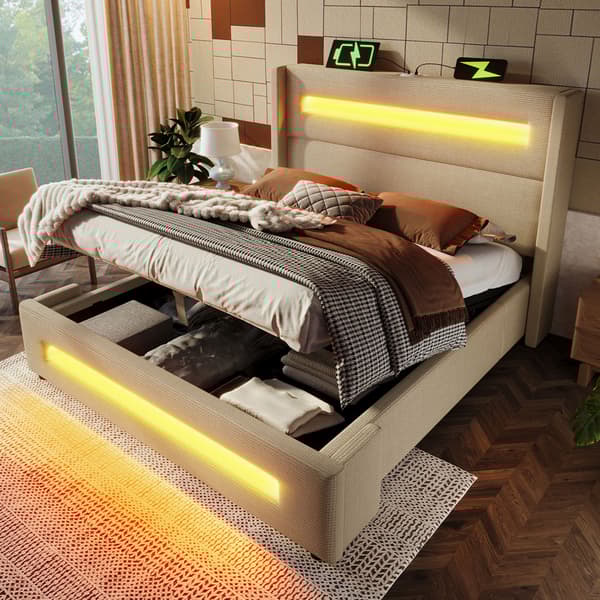 Dobbeltseng 180x200 cm med LED-belysning – Beige stofseng med hydraulisk opbevaring, USB Type-C opladning og lamelbund