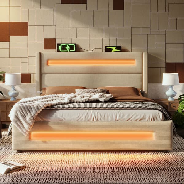 Dobbeltseng 180x200 cm med LED-belysning – Beige stofseng med hydraulisk opbevaring, USB Type-C opladning og lamelbund
