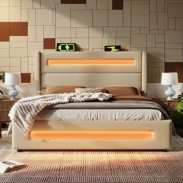 Dubbelsäng 180x200 cm med LED-belysning – Beige tygsäng med hydraulisk förvaring, USB Type-C laddning & ribbotten
