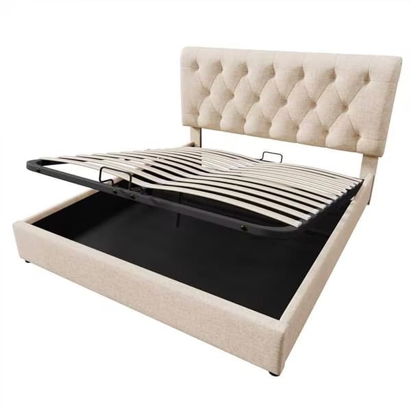 Dobbeltseng 160x200 cm med hydraulisk opbevaring – Justerbar sengegavl, moderne sengeramme i naturfarve med metalramme og lamelramme