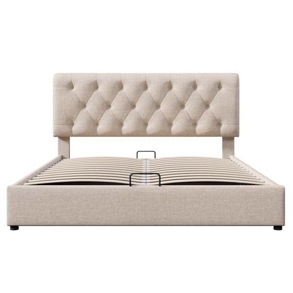 Dobbeltseng 160x200 cm med hydraulisk opbevaring – Justerbar sengegavl, moderne sengeramme i naturfarve med metalramme og lamelramme