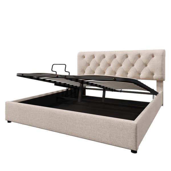 Dobbeltseng 160x200 cm med hydraulisk opbevaring – Justerbar sengegavl, moderne sengeramme i naturfarve med metalramme og lamelramme