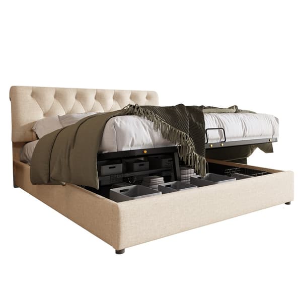 Dobbeltseng 160x200 cm med hydraulisk opbevaring – Justerbar sengegavl, moderne sengeramme i naturfarve med metalramme og lamelramme