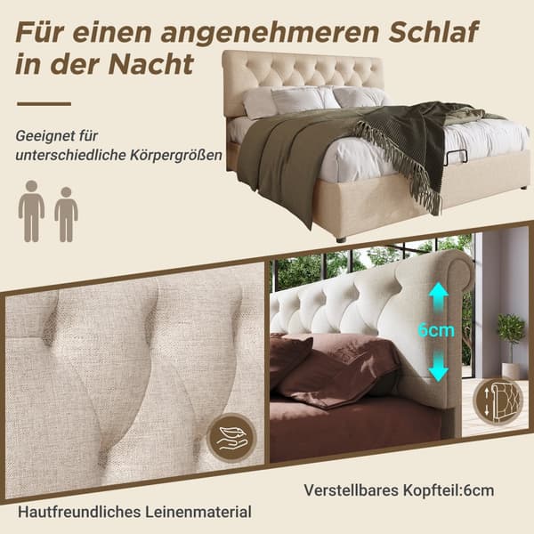 Dobbeltseng 160x200 cm med hydraulisk opbevaring – Justerbar sengegavl, moderne sengeramme i naturfarve med metalramme og lamelramme