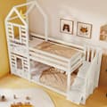 Miniatyrbild 3 av 11: Lit superposé Cabane 90x200cm en pin massif avec escalier de rangement - 2 sommiers à lattes - Blanc