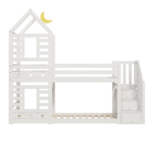 Lit superposé Cabane 90x200cm en pin massif avec escalier de rangement - 2 sommiers à lattes - Blanc