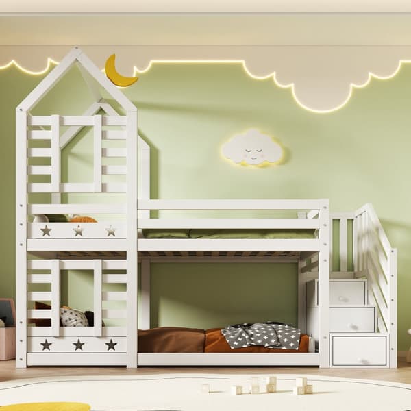 Lit superposé Cabane 90x200cm en pin massif avec escalier de rangement - 2 sommiers à lattes - Blanc