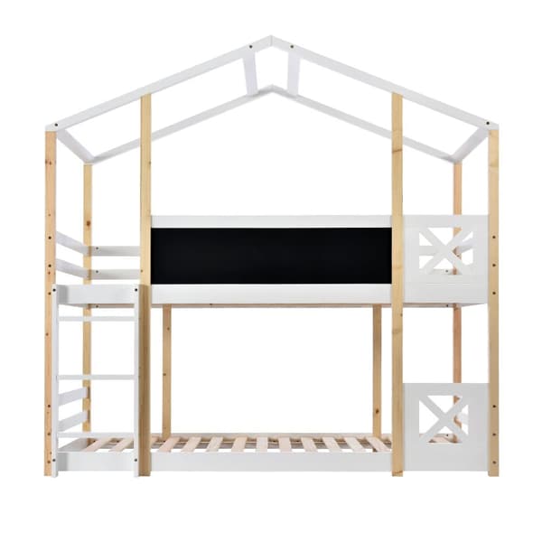 Cabane våningssäng i massiv furu med fallskyddsskenor + stege + svart tavla - 90x200cm - Naturell & Vit