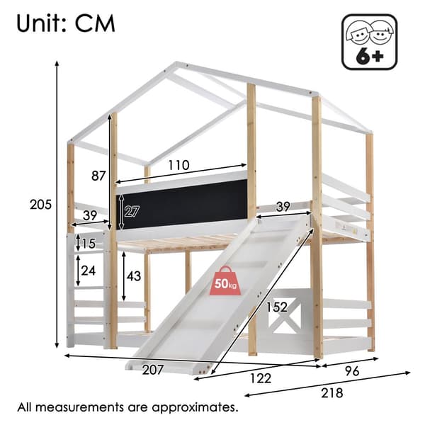 Cabane kerrossänky 90x200cm - tikkailla ja liukumäellä - mäntyrunko - valkoinen