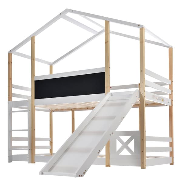 Cabane kerrossänky 90x200cm - tikkailla ja liukumäellä - mäntyrunko - valkoinen