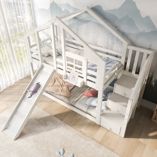 Våningssäng 90x200 cm - tillverkad av Depin-trä - med glidbana och stege - vit