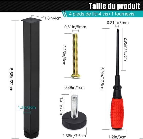 Sängben, Justerbara Metallben i Metall, 22 till 25 cm - 4 st - Svart - För Metallbäddar, Skåp, Soffor