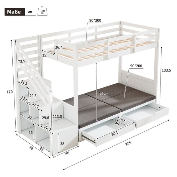 Våningssäng för barn 90x200 cm, multifunktionell dubbelsäng med trappskåp och 2 lådor, vit