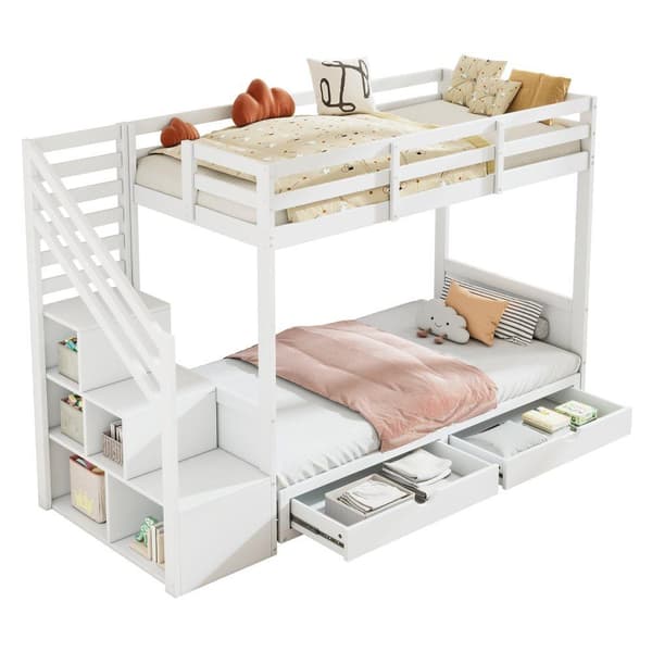 Våningssäng för barn 90x200 cm, multifunktionell dubbelsäng med trappskåp och 2 lådor, vit