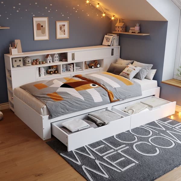 Daybed 90x200 cm til børn – multifunktionel juniorseng med opbevaringsbokse, reol og skab, hvid sengeramme uden madras